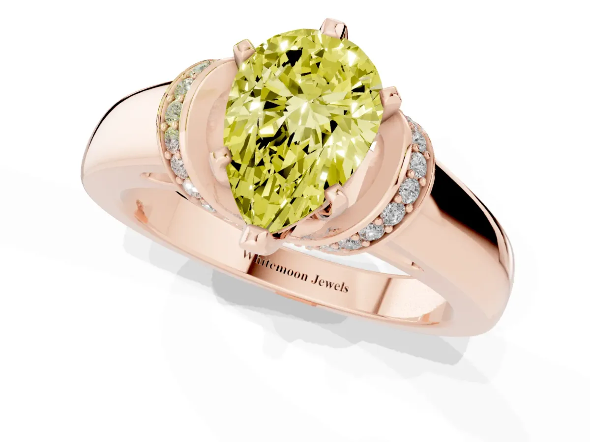 Fancy Yellow Pear Cut Solitaire Diamond Ring with Pave Band and Six-Prong Setting Rose gold