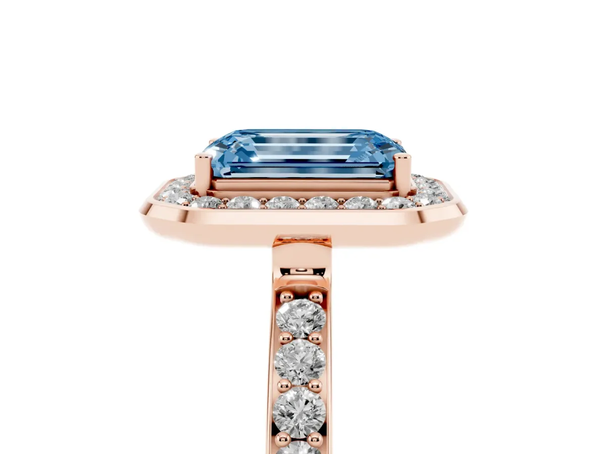Fancy Blue Emerald Cut Diamond Halo Ring with Bezel Frame and Pavé Band Rose gold