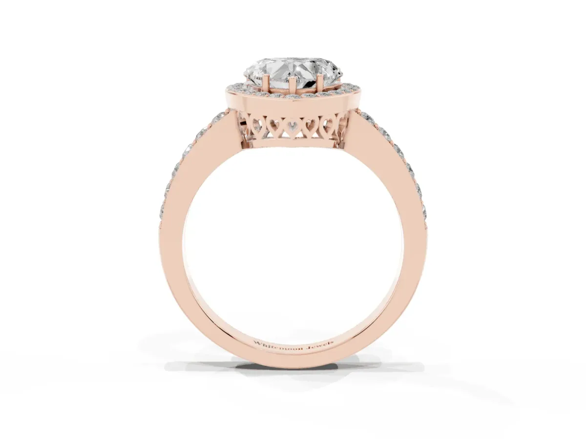 Heart Cut Halo Diamond Pavé Band Ring with Prong Setting Rose gold
