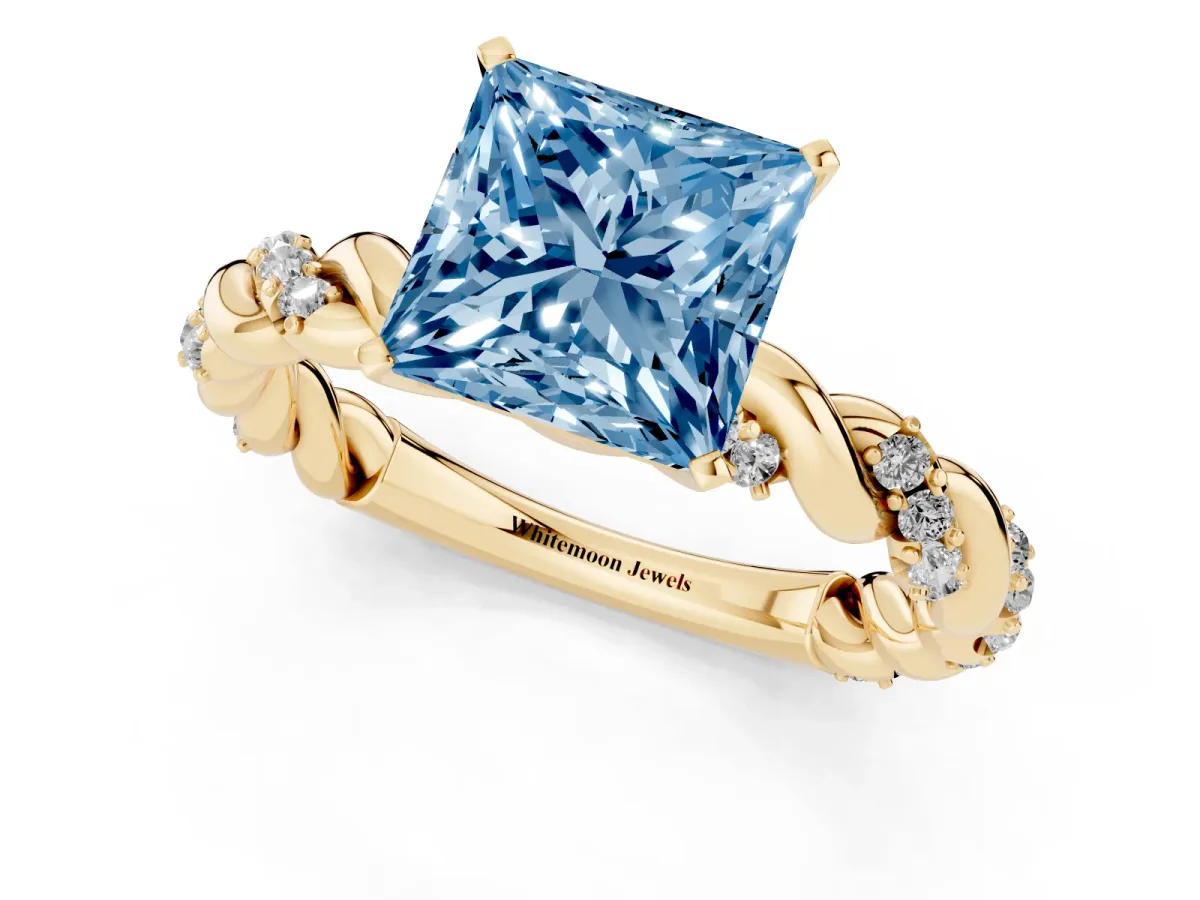 Fancy Blue Princess Cut Diamond Solitaire Ring with Twisted Band and Pavé Accents Yellow gold