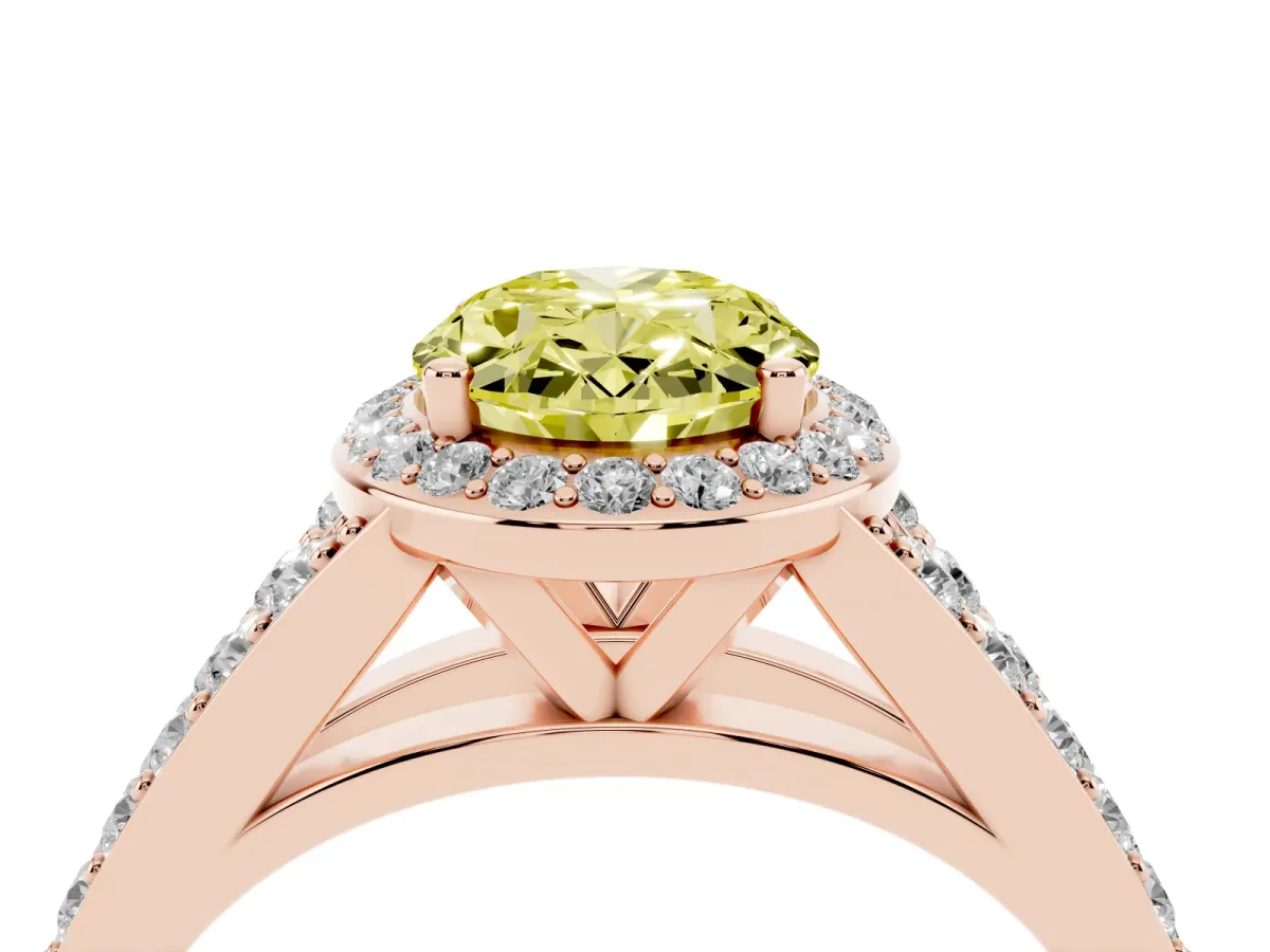 Fancy Yellow Oval Cut Diamond Split Shank Halo Ring with Four-Prong Setting Rose gold