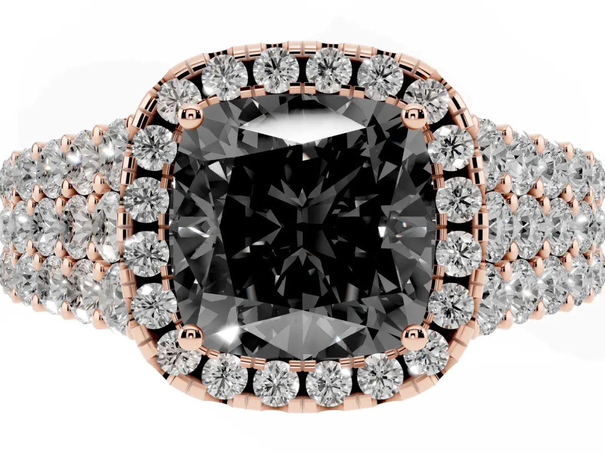 Fancy Black Cushion Cut Diamond Halo Engagement Ring with Triple Row Round Pavé Band and Prong Setting Rose gold