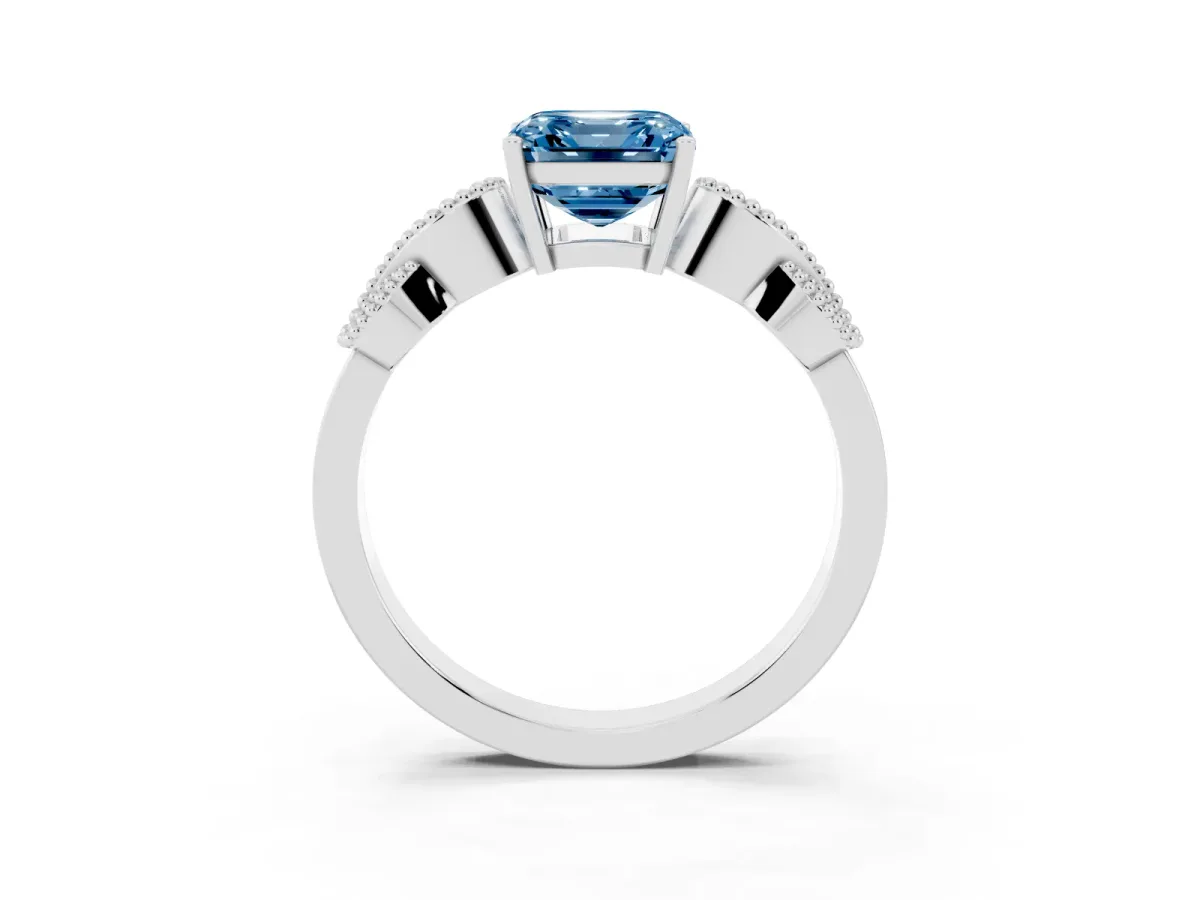Fancy Blue Asscher Cut Solitaire Milgrain Leaf Band with Prong Setting Silver