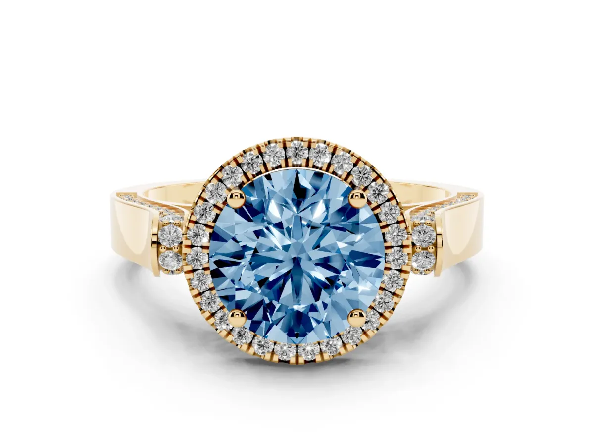 Fancy Blue Round Cut Halo Round Diamond Twist Band with Four-Prong Setting Yellow gold