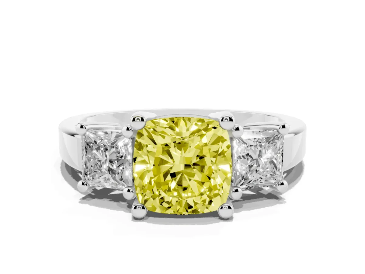 Fancy Yellow Three-Stone Cushion Cut Cut Solitaire Ring with Prong Setting Platinum