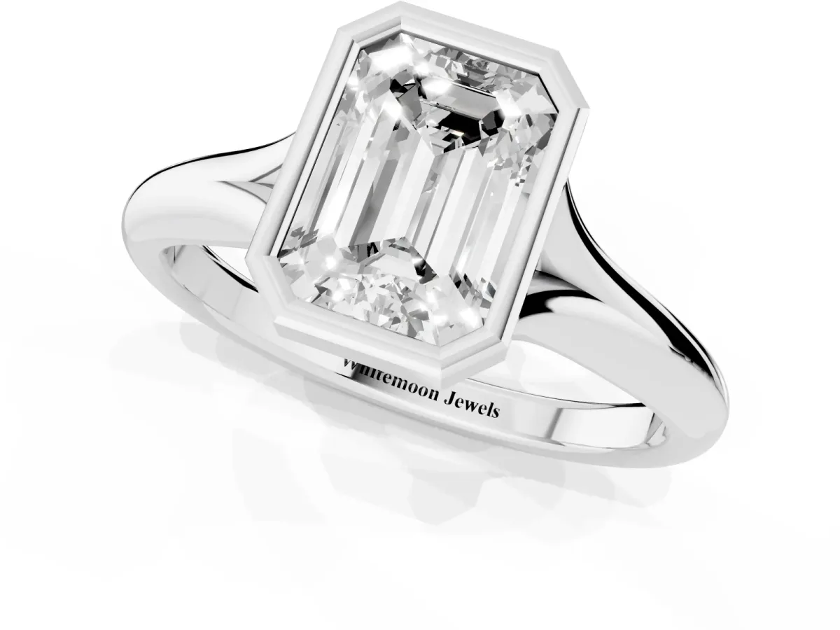 Bezel Set Emerald Cut Solitaire Diamond Ring with Smooth Band Silver
