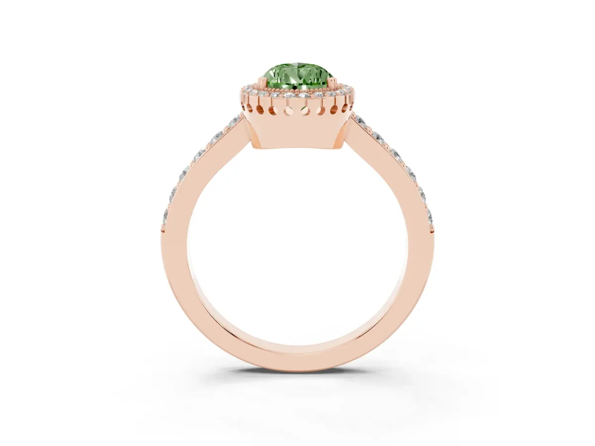 Fancy Green Pear Cut Cut Diamond Halo Engagement Ring with Milgrain Detail and Pavé Band Rose gold