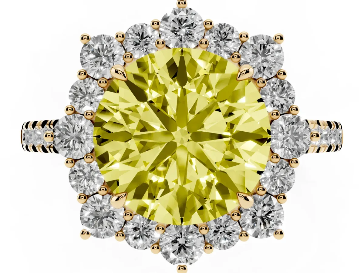 Fancy Yellow Round Cut Halo Diamond Ring with Pavé Band and Prong Setting Yellow gold