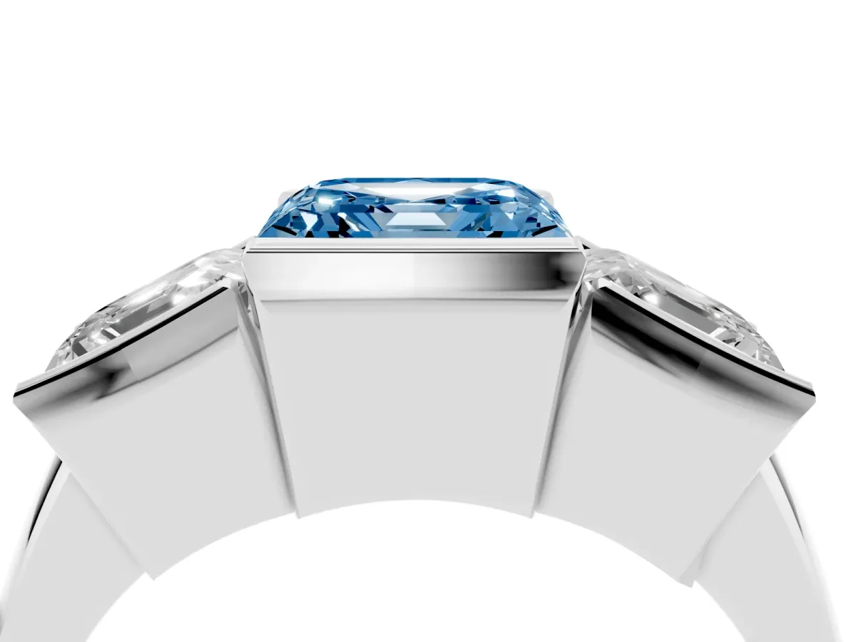 Fancy Blue Three Stone Asscher Cut Cut Channel Set Diamond Ring Platinum