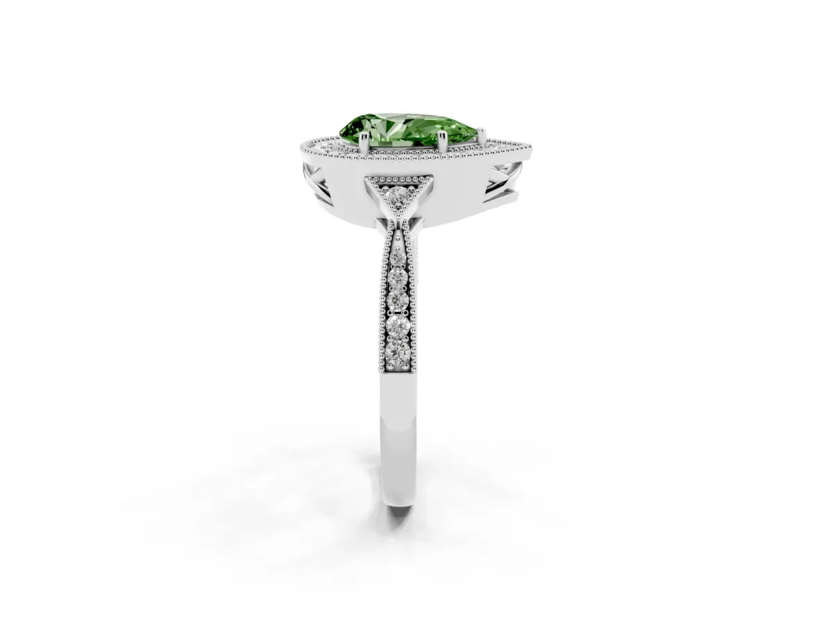Fancy Green Pear Cut Halo Round Diamond Milgrain Pave Engagement Ring White gold
