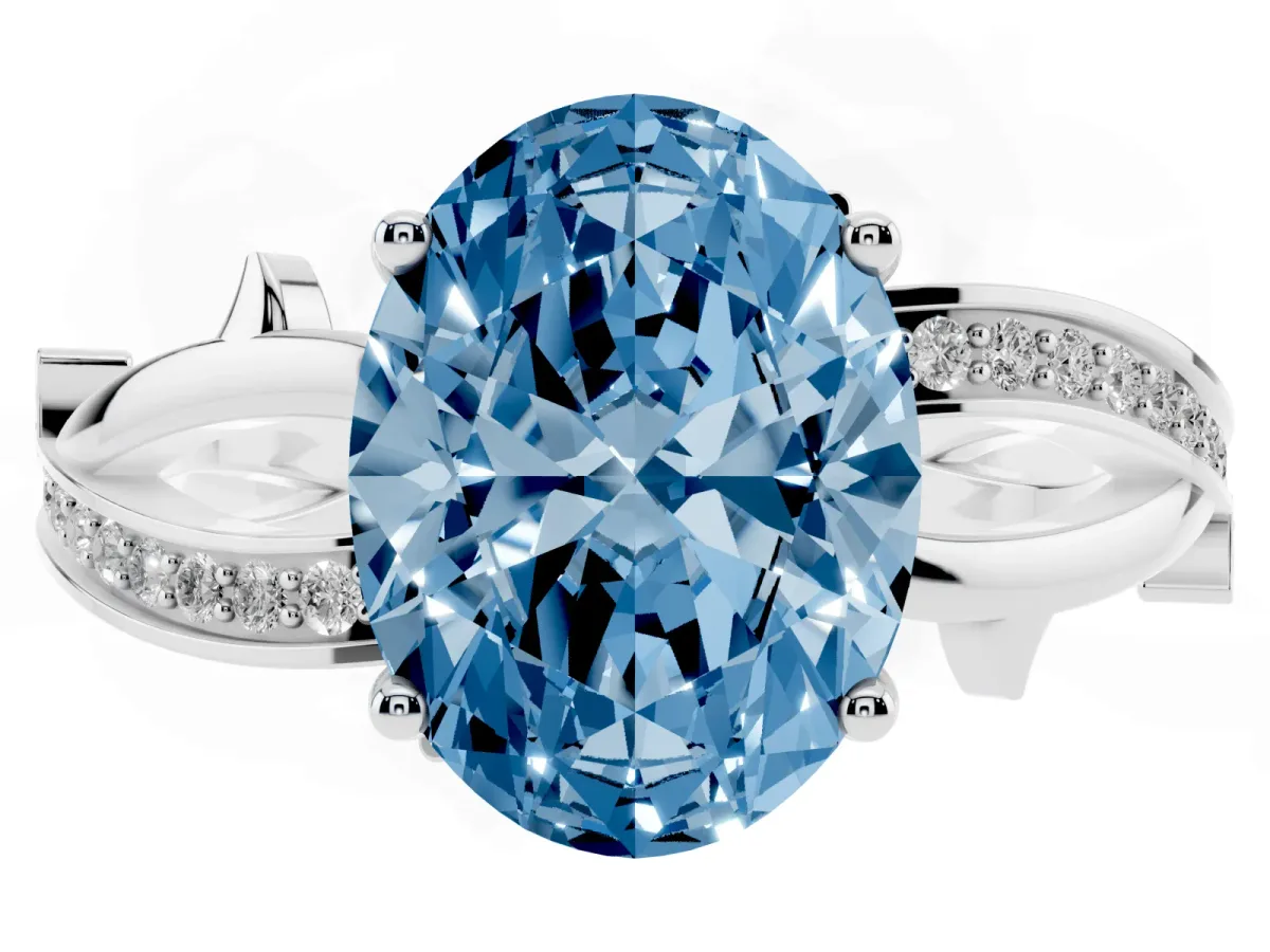 Fancy Blue Oval Cut Solitaire Twist Band with Pavé Accents and Four-Prong Setting White gold