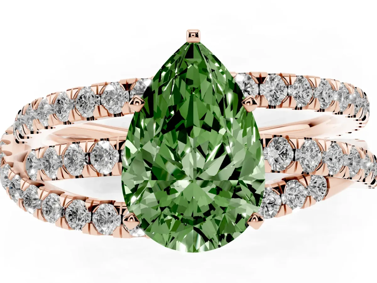 Fancy Green Pear Cut Solitaire Twist Band with Pavé Setting and Four-Prong Setting Rose gold