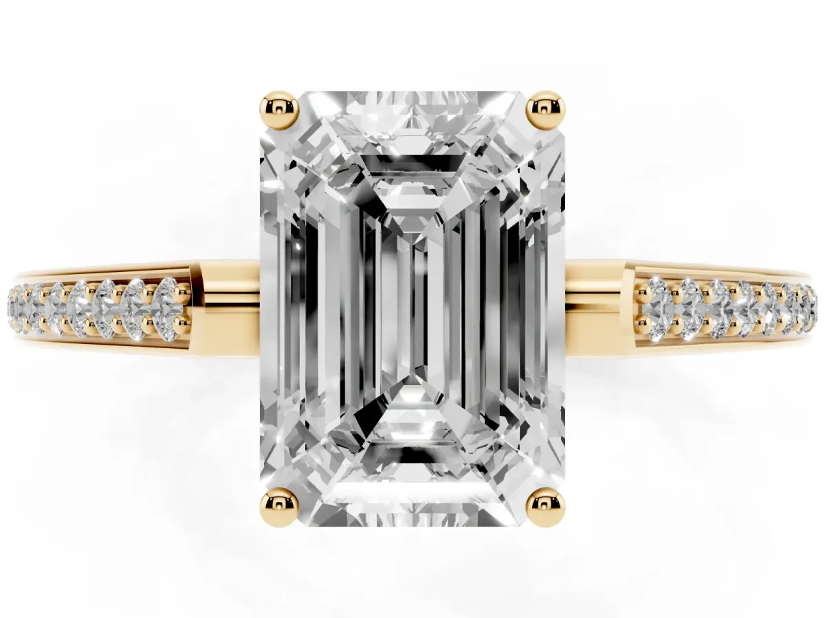Emerald Cut Cut Cathedral Pave Diamond Engagement Ring with Six-Prong Setting Yellow gold