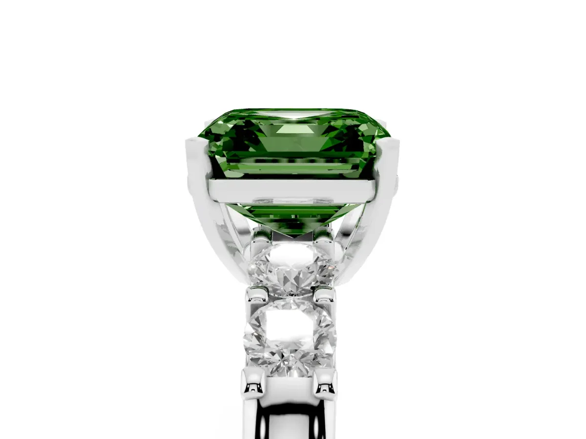 Fancy Green Asscher Cut Brilliant Cut Diamond Five-Stone Prong Set Engagement Ring with Channel Band Silver