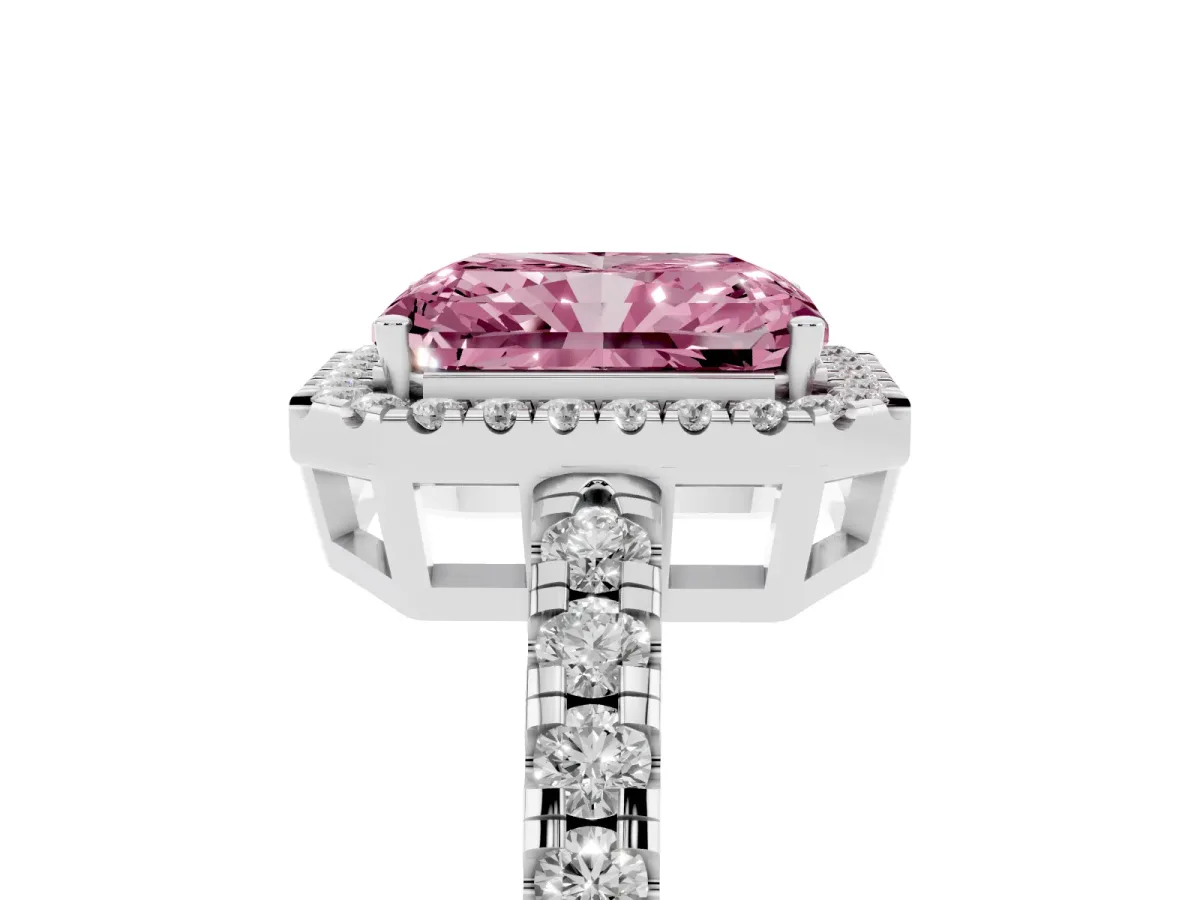 Fancy Pink Radiant Cut Diamond Halo Ring with Pavé Band and Four-Prong Setting White gold