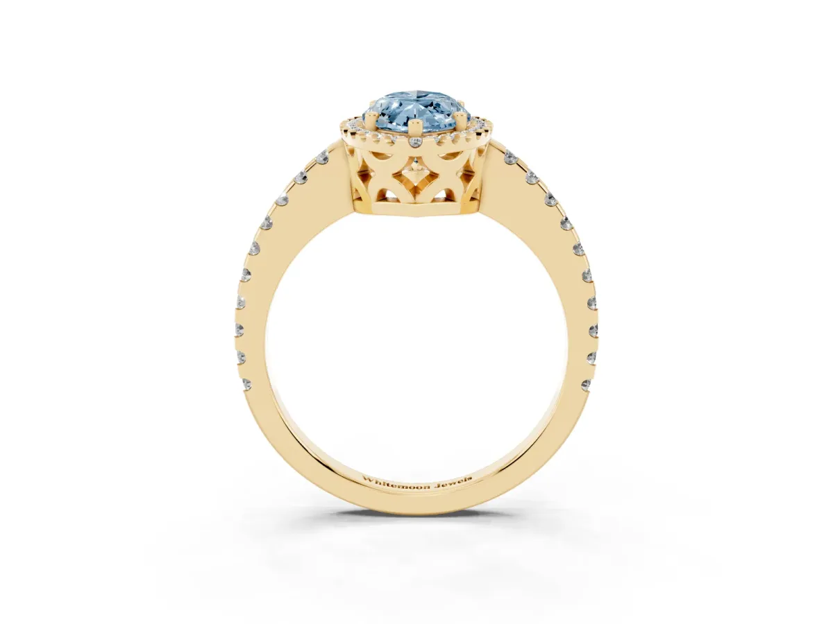 Fancy Blue Marquise Cut Diamond Halo Engagement Ring with Pavé Band and Prong Setting Yellow gold