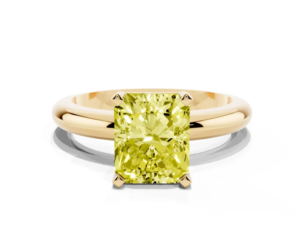 Fancy Yellow Radiant Cut Diamond Solitaire Engagement Ring with Round Band and Four-Prong Setting Yellow gold