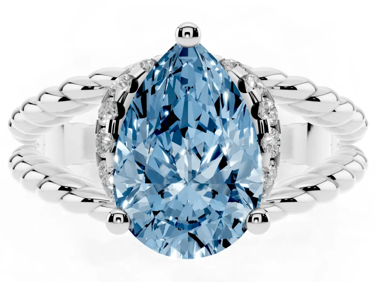 Fancy Blue Pear Cut Halo Twisted Band Four-Prong Ring Silver