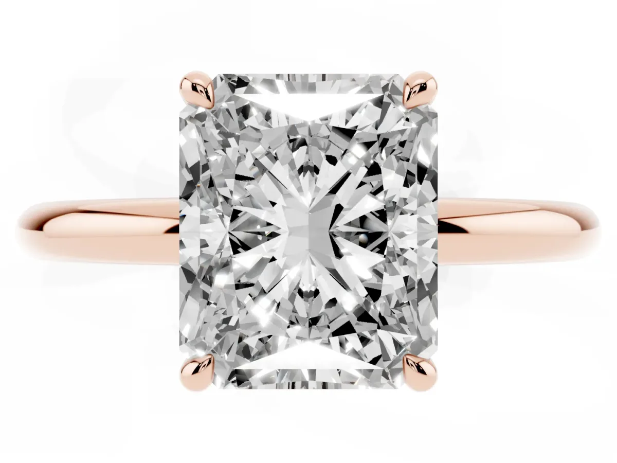 Radiant Cut Diamond Solitaire Ring with Thin Band and Four-Prong Setting Rose gold