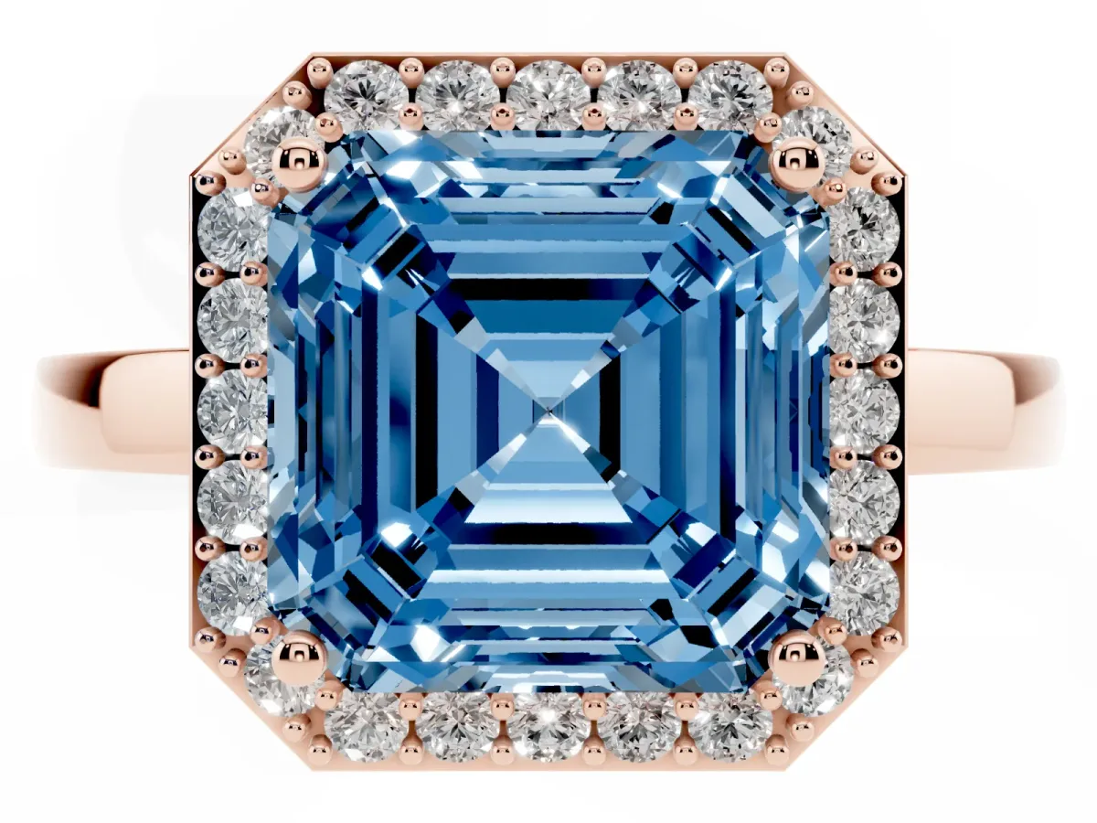 Fancy Blue Asscher Cut Halo Diamond Ring with Solitaire Band and Prong Setting Rose gold