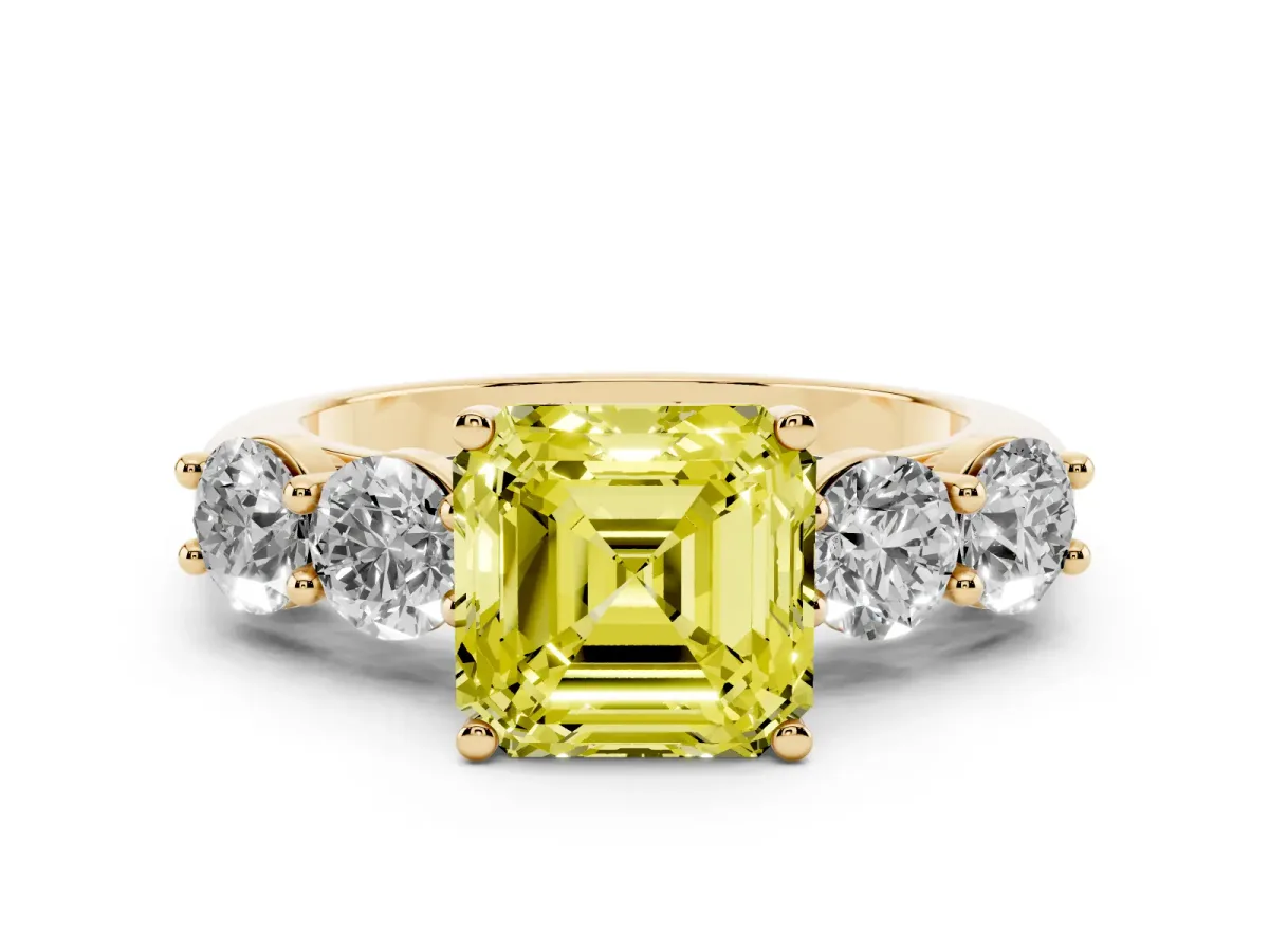 Fancy Yellow Asscher Cut Cut Five-Stone Prong Set Diamond Ring with Classic Band Yellow gold