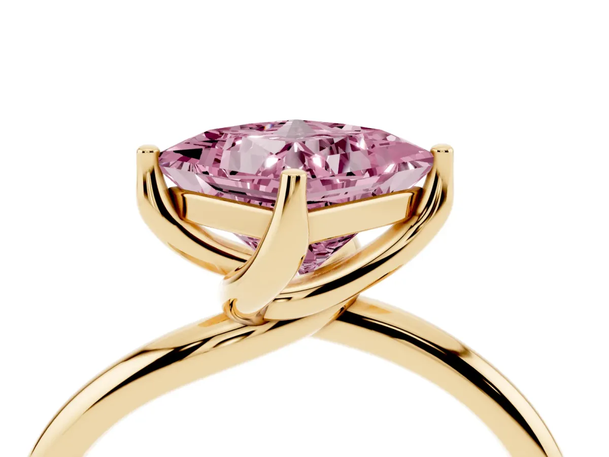 Fancy Pink Princess Cut Diamond Solitaire Engagement Ring with Four-Prong Setting and Classic Band Yellow gold
