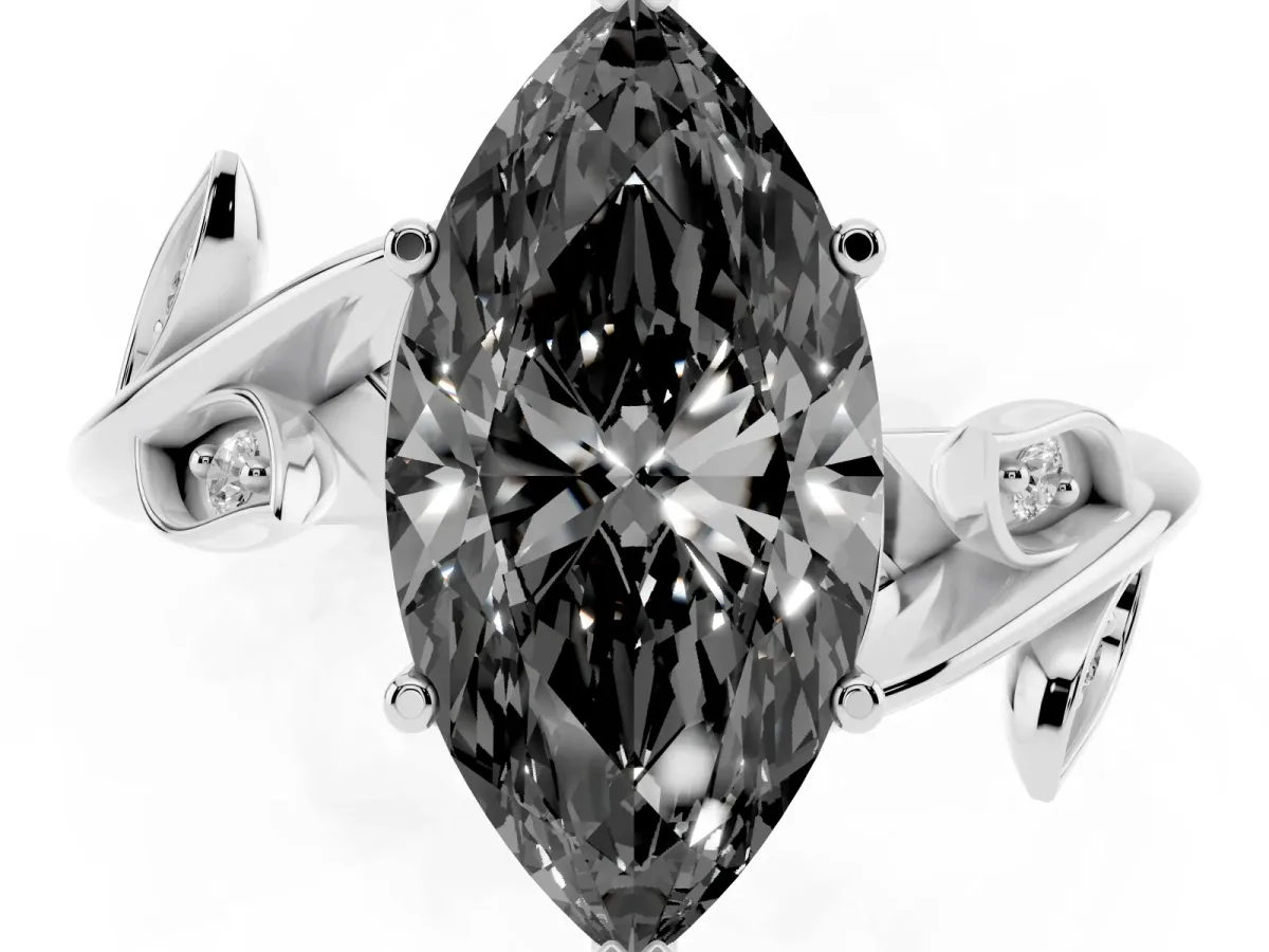 Fancy Black Marquise Cut Solitaire Twist Engagement Ring with Leaf Accents and Prong Setting Platinum