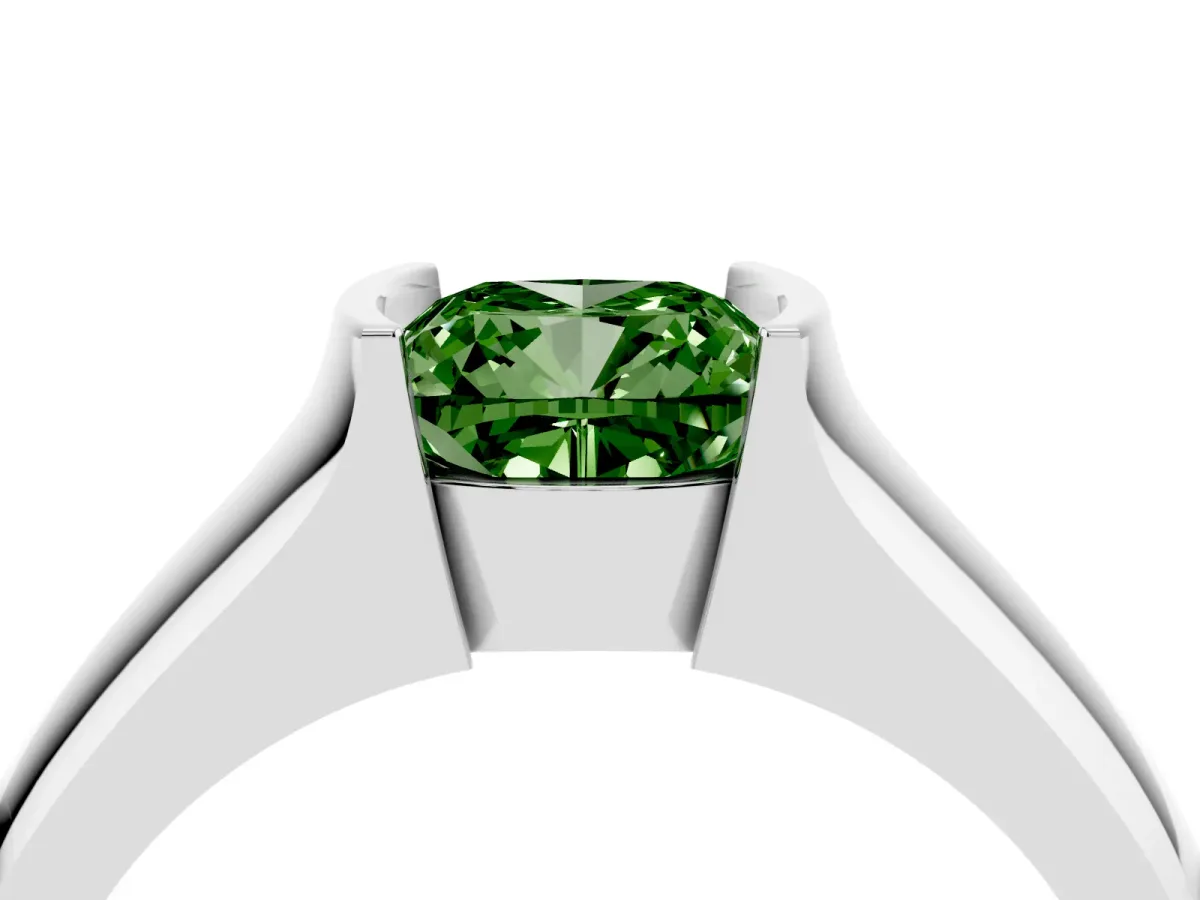 Fancy Green Cushion Cut Solitaire Bezel Set Diamond Ring with Wide Band Silver