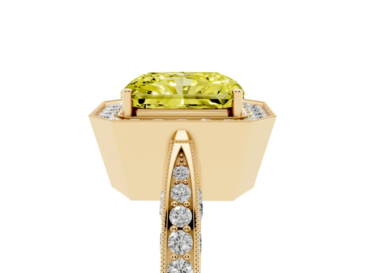 Fancy Yellow Radiant Cut Halo Diamond Engagement Ring with Split Shank Band and Four-Prong Setting Yellow gold