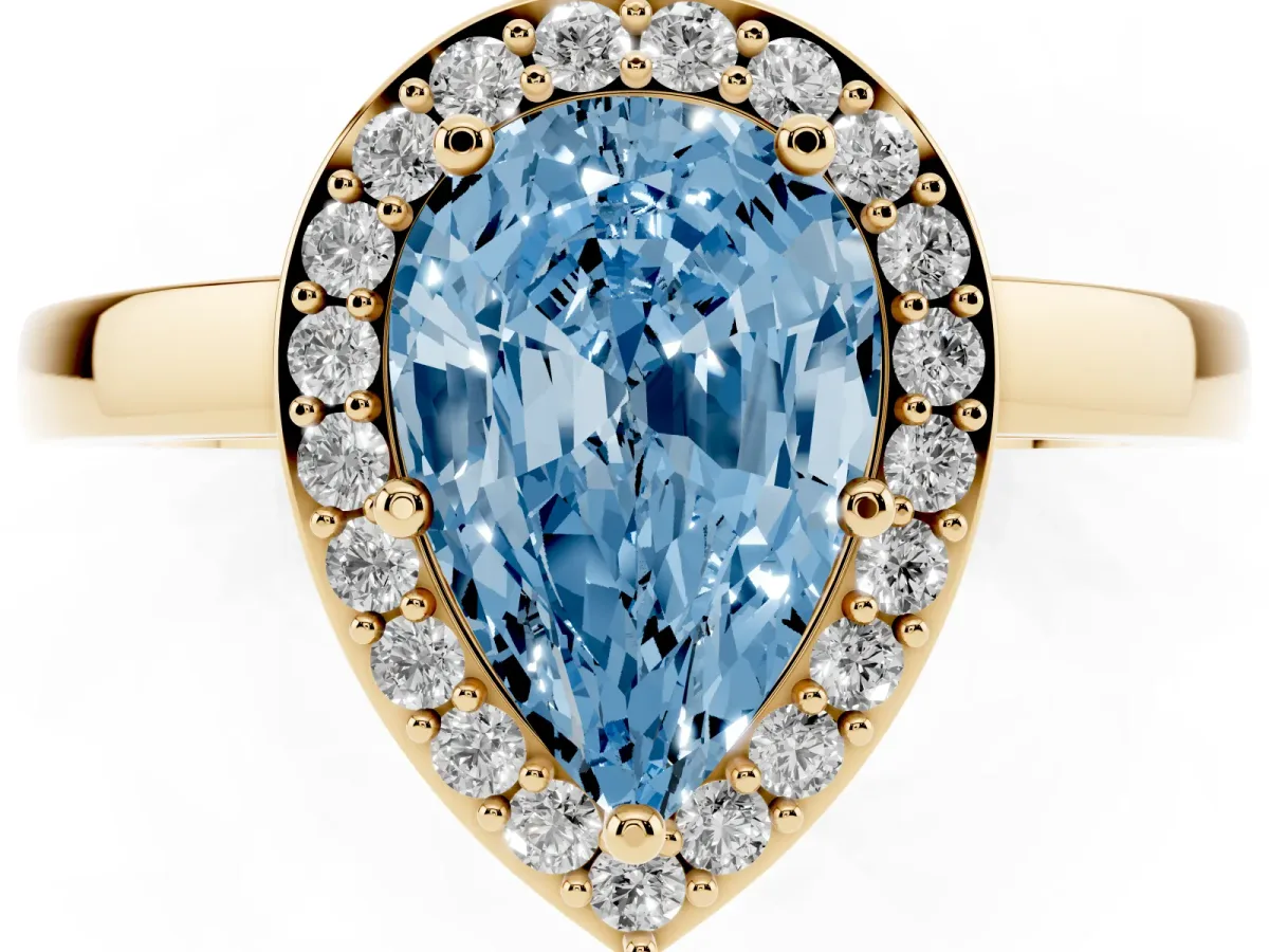 Fancy Blue Pear Cut Halo Diamond Ring with Solitaire Band and Prong Setting Yellow gold