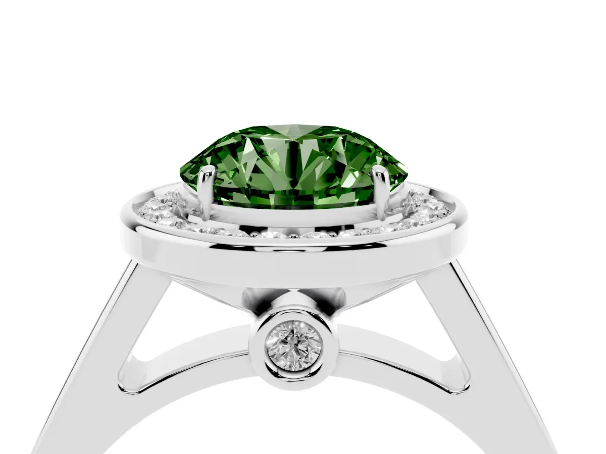 Fancy Green Round Cut Halo Solitaire Diamond Ring with Pave Band and Bezel Setting Silver
