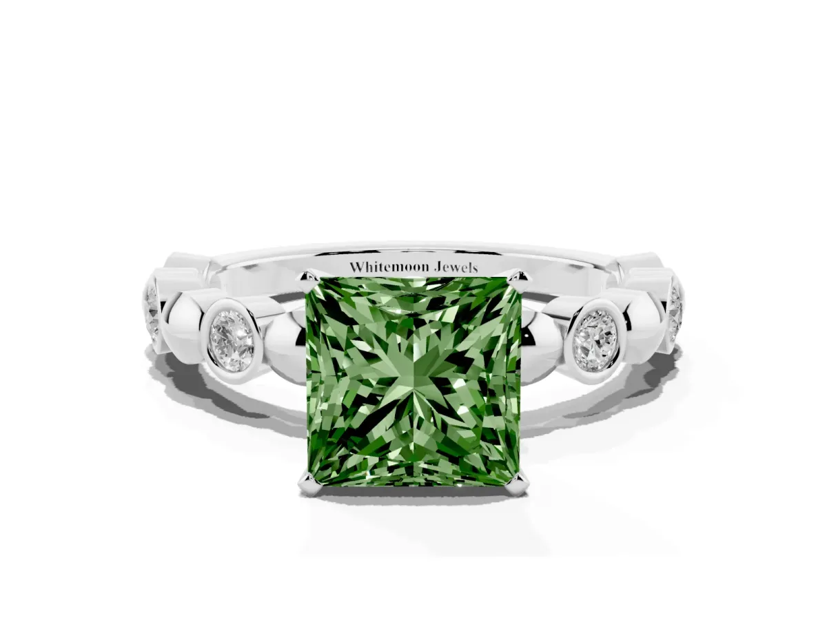 Fancy Green Princess Cut Solitaire Bezel-Set Diamond Ring with Beaded Band and Four-Prong Setting Silver