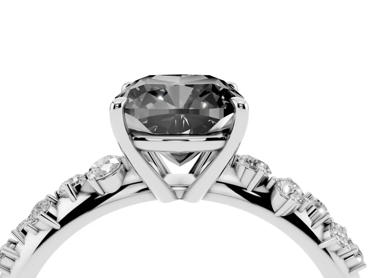 Fancy Black Cushion Cut Diamond Cluster Side Stone Solitaire Ring with Prong Setting Platinum
