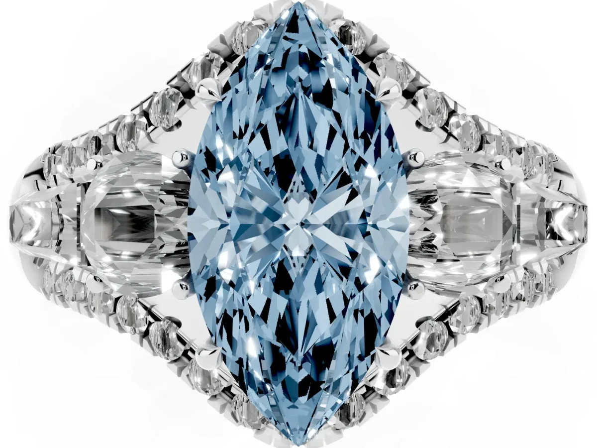 Fancy Blue Three-Stone Marquise Cut Diamond Engagement Ring with Pave Band and Prong Setting Silver