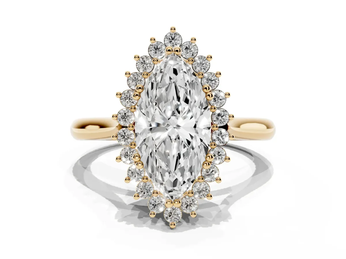 Marquise Cut Cut Diamond Halo Ring with Solitaire Band and Prong Setting Yellow gold