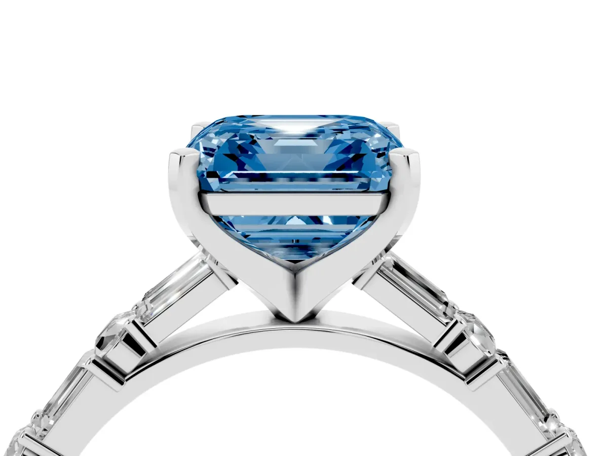 Fancy Blue Asscher Cut Diamond Solitaire with Side Baguettes and Channel Set Band Silver