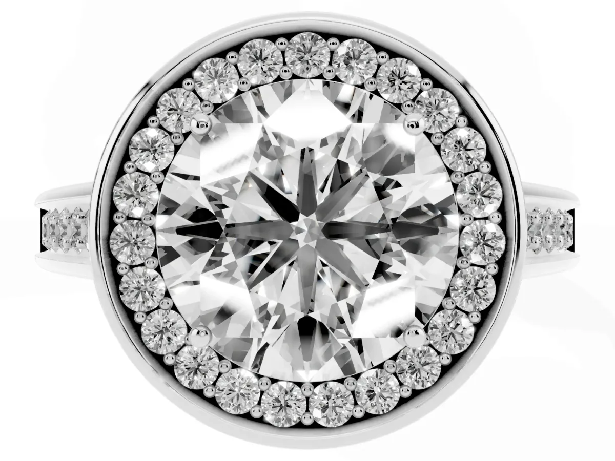 Round Cut Halo Solitaire Diamond Ring with Pave Band and Bezel Setting Silver