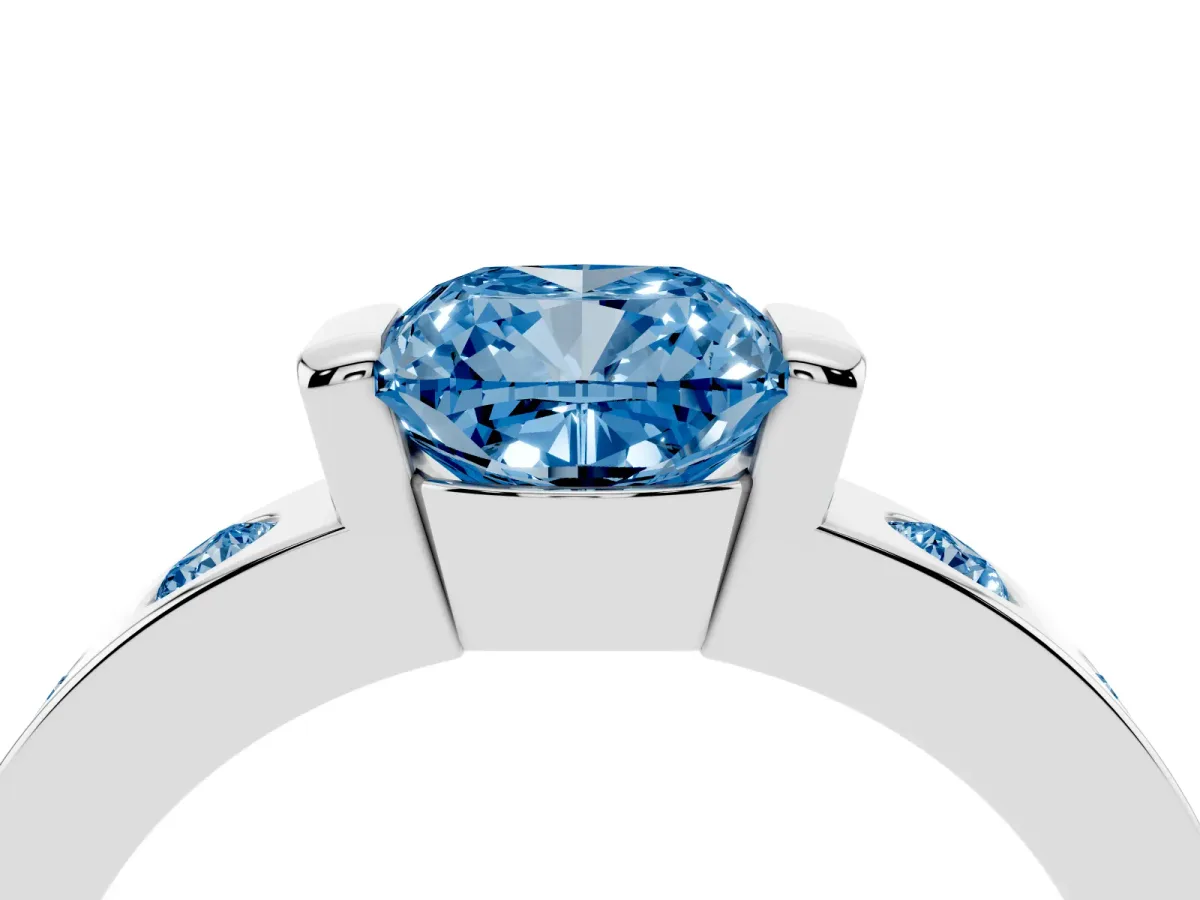 Fancy Blue Cushion Cut Brilliant Channel-Set Diamond Ring with Bezel Prong Setting Silver