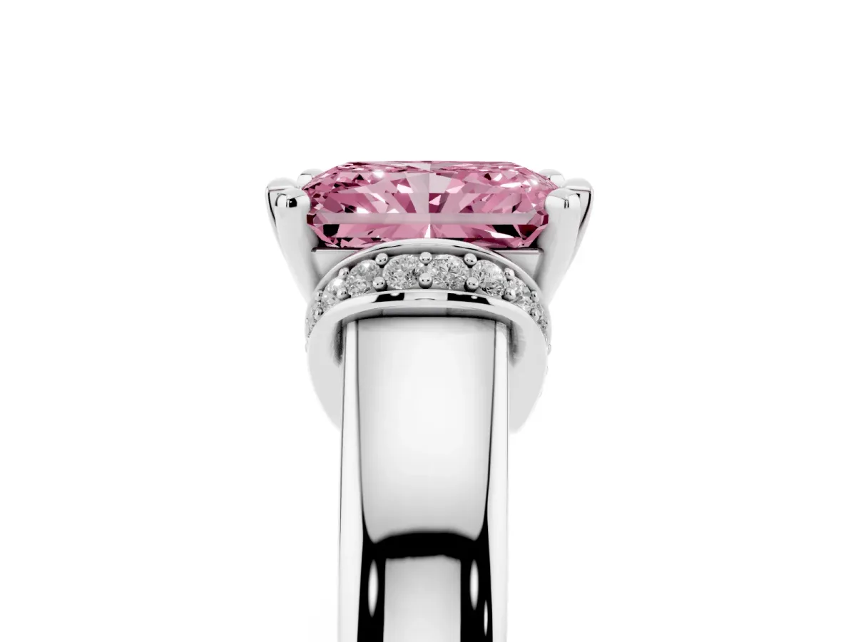 Fancy Pink Radiant Cut Solitaire Diamond Ring with Pave Band and Six-Prong Setting White gold