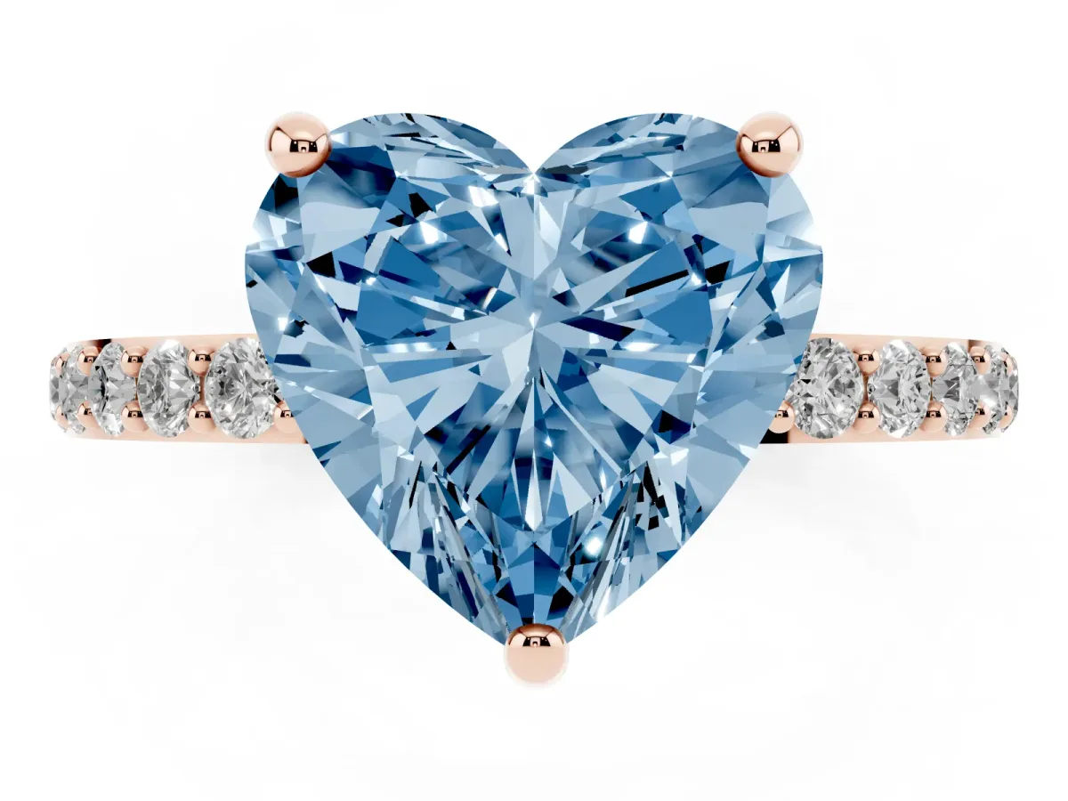 Fancy Blue Heart Cut Diamond Solitaire Ring with Round Pavé Band and Prong Setting Rose gold