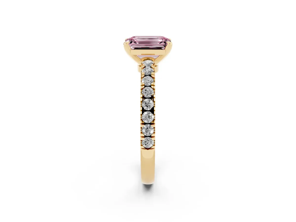 Fancy Pink Emerald Cut Solitaire Diamond with Pavé Band and Four-Prong Setting Yellow gold
