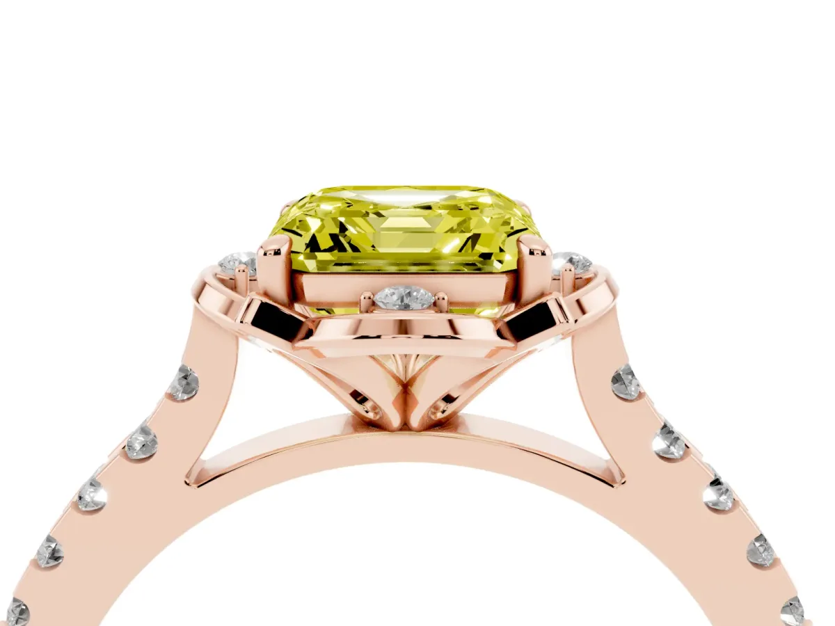 Fancy Yellow Asscher Cut Diamond Ring with Pavé Band and Floral Prong Setting Rose gold