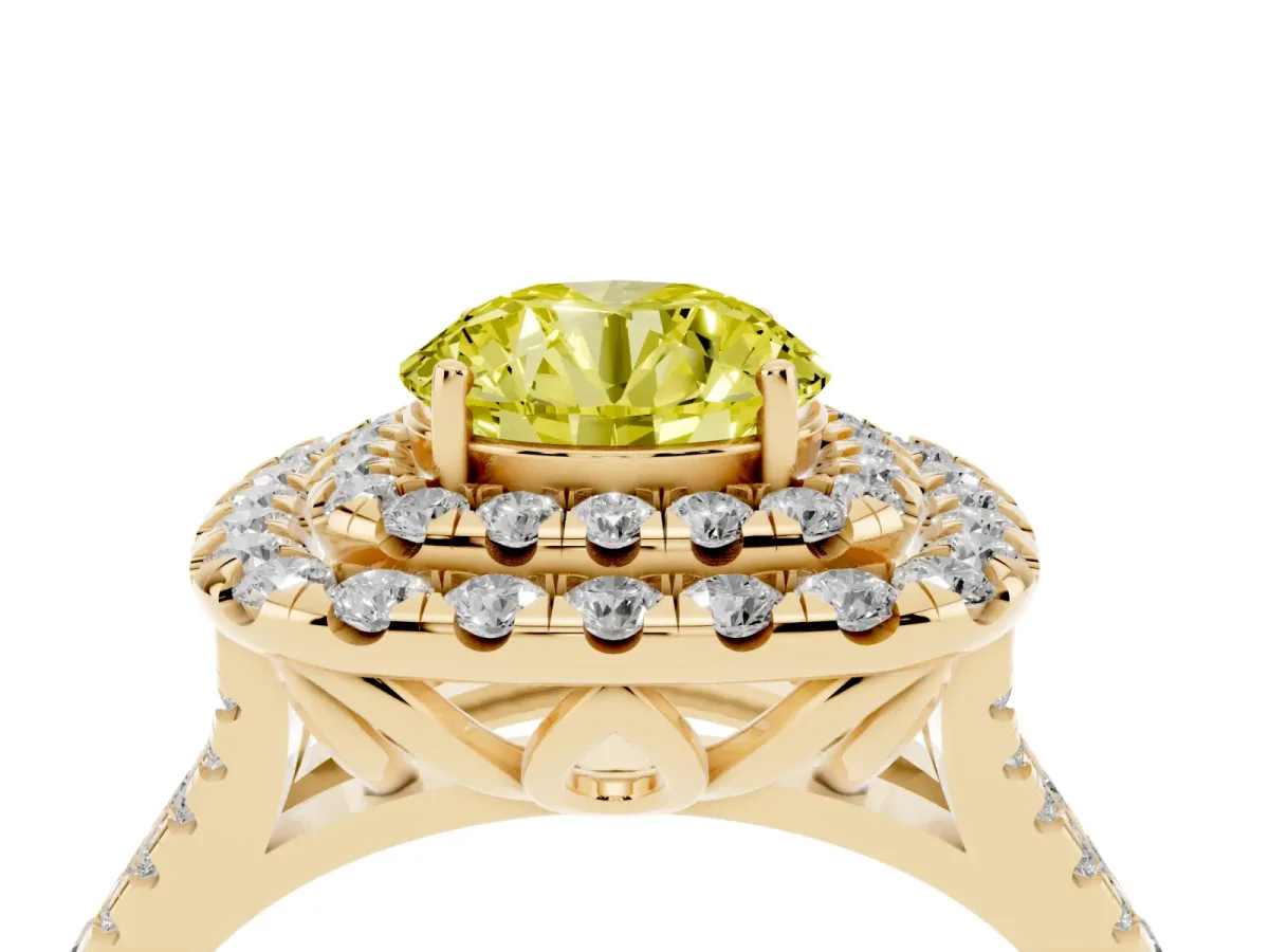 Fancy Yellow Double Halo Round Cut Diamond Pavé Split Shank Ring with Prong Setting Yellow gold
