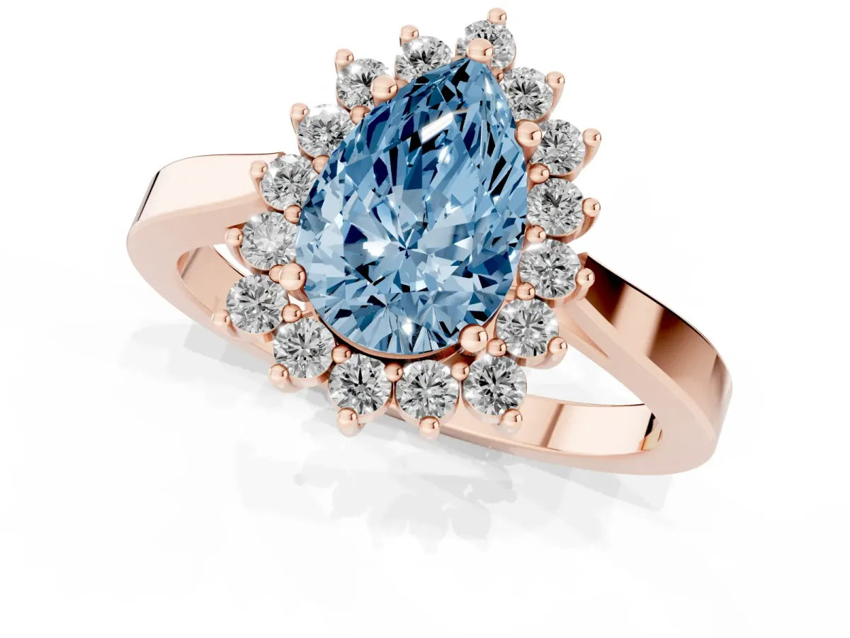Fancy Blue Pear Cut Cut Diamond Halo Ring with Round Brilliant Halo and Solitaire Band Rose gold