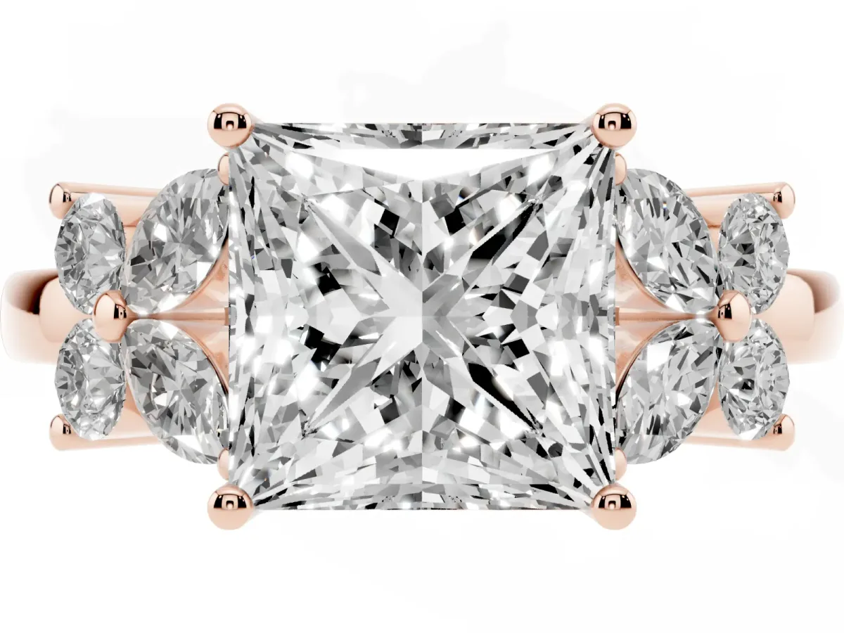 Princess Cut Diamond Floral Cluster Ring with Solitaire Band and Prong Setting Rose gold
