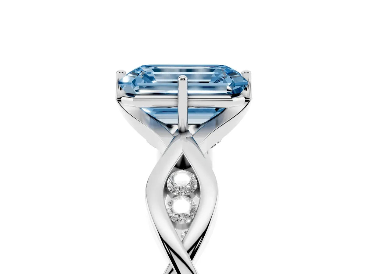 Fancy Blue Emerald Cut Solitaire Twist Band with Leaf Prong Setting Platinum