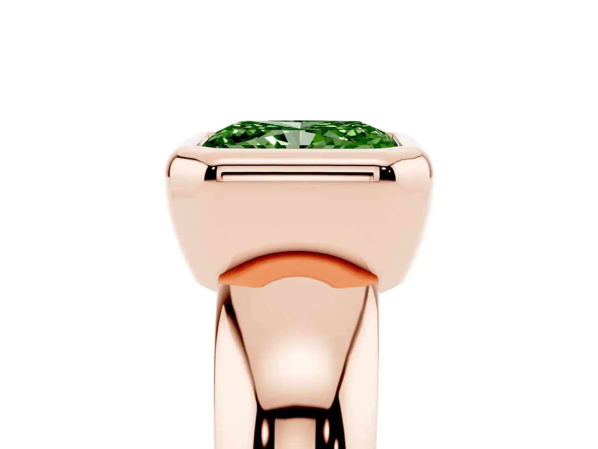 Fancy Green Bezel Set Radiant Cut Solitaire Ring with Wide Band Rose gold