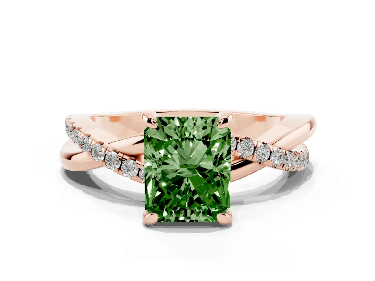 Fancy Green Radiant Cut Cut Diamond Twist Band Solitaire with Prong Setting Rose gold