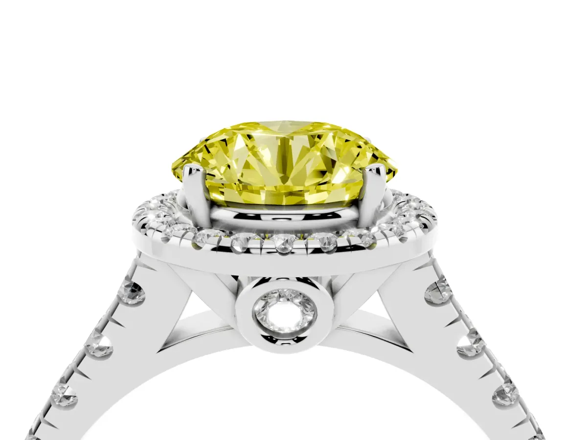 Fancy Yellow Round Cut Halo Pavé Diamond Engagement Ring with Four-Prong Setting Silver
