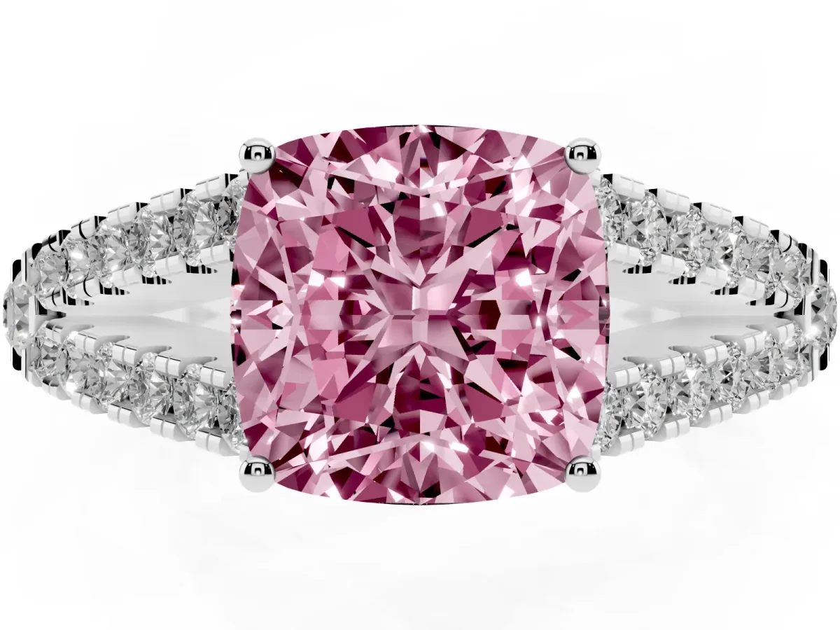 Fancy Pink Cushion Cut Diamond Split Shank Engagement Ring with Round Pavé and Prong Setting Silver